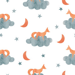 Seamless fairy pattern with cute cartoon foxes on clouds. Vector childish illustration.