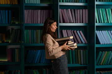 A student in the library, preparing for exams, studying at the university. A young woman holds a stack of heavy textbooks in her hands