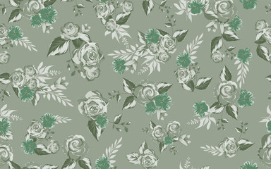 Full seamless lilium rose floral pattern background for fabric print. Green flower leaves illustration. Vector design for women dress and textile.