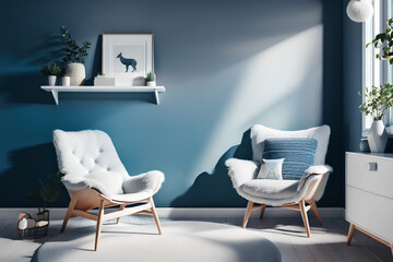 Two modern armchairs in room with blue empty wall. Pillow, decoration, frame. Copy space, home decor, template. Generative AI
