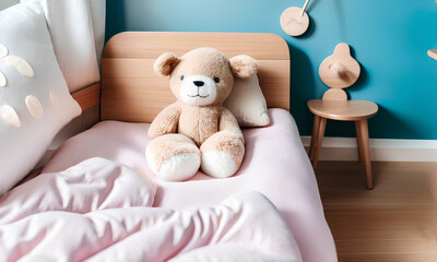 Teddy bear on kid bed in simple minimalist kid room interior. Generative AI