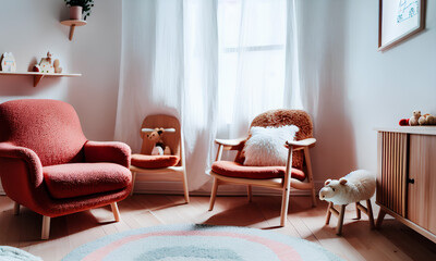 Red armchair, chair, commode, rat toy and window. Kid nursery room interior design. Home decor. Template. Generative AI