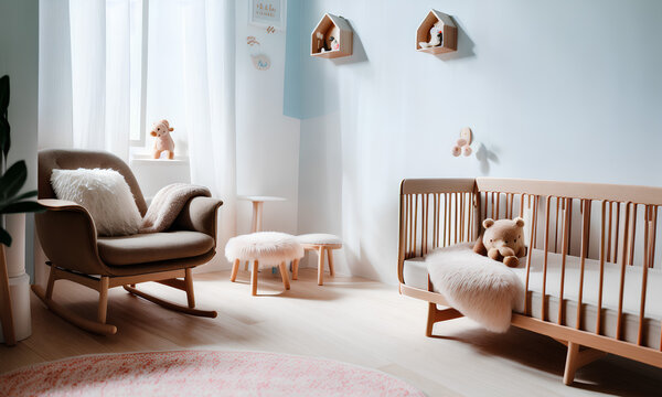 Blue wall in boy kid room with nursery bed and armchair. Teddy bear, pillow. Generative AI
