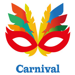 Una máscara de carnaval multicolor sobre un fondo blanco liso y aislado. Vista de frente y de cerca. Copy space