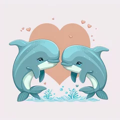 Fotobehang Dolphins kissing. Cute cartoon with two animals in love romantic illustration. Template for Valentine day. Blue colors. Generative AI © Gelpi