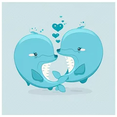 Foto op Plexiglas Whales kissing. Cute cartoon with two animals in love romantic illustration. Template for Valentine day. Blue colors. Generative AI © Gelpi