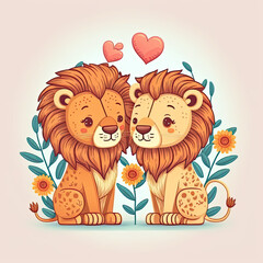 Cute cartoon orange lions in love on light background. Romantic illustration. Template for Valentine day. Generative AI