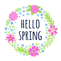 Hello spring phrase on the square card. Floral colourful ornamental banner with leaves, flowers branches pattern. Brochure design shades of pink and green. EPS 10 vector illustration.