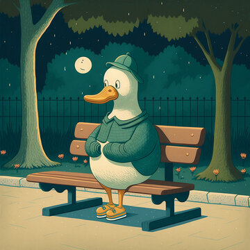 beautiful digital art of a duck sitting on a bench in the street like a human in the garden, very high quality, excellent for telling a story
