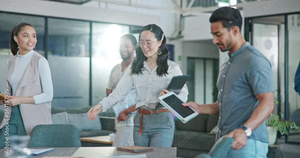 Poster Business team walking in office, startup and agency for boardroom meeting, planning or discussion. Diversity group of employees ready to start collaboration, management and goals in