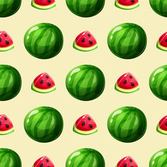 Seamless pattern with cartoon watermelon on light yellow background, summer pattern with fruit