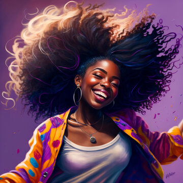 beautiful young happy woman art with a big smile having fun in a vibrant background and a cartoonish look