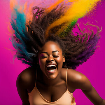 beautiful young happy woman art with a big smile having fun in a vibrant background and a cartoonish look