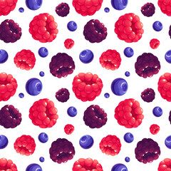 Seamless pattern with juicy berries on a white background. Raspberries, blackberries, blueberries