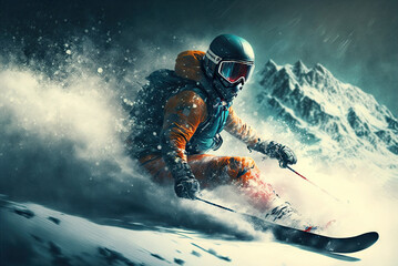 Fototapeta na wymiar a man riding skis down a snow covered slope, generative ai technology