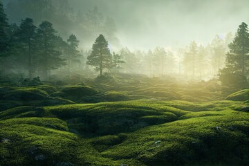 Panorama of a forest with a glade covered by moss in the light of the morning sun. Generative AI - obrazy, fototapety, plakaty