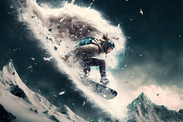 Obraz na płótnie Canvas a man riding a snowboard on top of a wave, generative ai technology