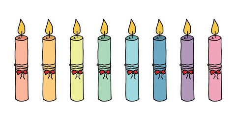 Burning birthday candle set. Doodle illustration. Hand drawn clipart for card, logo, design