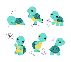 Cute Turtle with Shell and Short Feet Engaged in Different Activity Vector Set