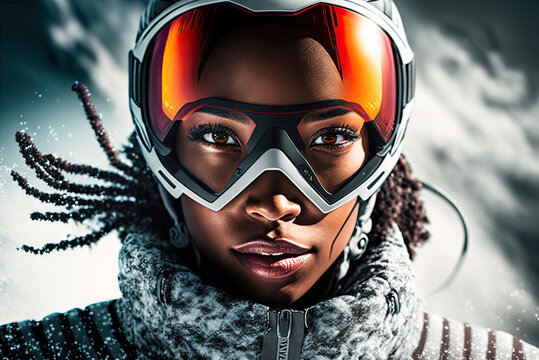 a black woman wearing ski goggles and a scarf, generative ai technology