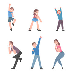 Excited People Characters Celebrating Victory Expressing Success and Positive Emotions Vector Set