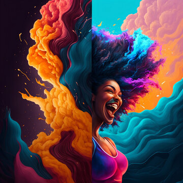 beautiful young happy woman art with a big smile having fun in a vibrant background and a cartoonish look