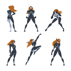 Woman Superhero Character Dressed Black and Blue Costume and Mask in Action Vector Set © topvectors