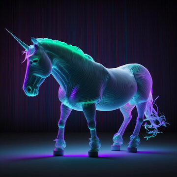 a Nion 3D Art  photo of a unicorn with retro vibes, green, purple Dark backround