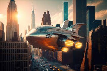 Futuristic spaceship flying through metropolitan city — Generative AI