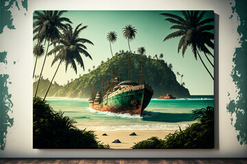 beach at a tropical island with a old ship. Generative AI