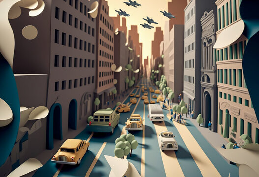Paper Style Artwork of Busy City Street Metropolis Wallpaper Created Using AI Tools