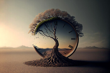 Die Zeit der Natur läuft ab, um den Baum ist eine Uhr zu sehen - natur Illustration - obrazy, fototapety, plakaty