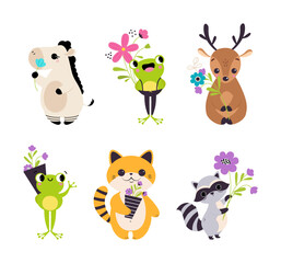 Plakat Cute Animals with Blooming Flowers and Floral Bouquet Vector Set