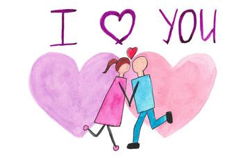 two people kissing against a background of hearts. i love you. valentine's day card. a couple in love. watercolour illustration.