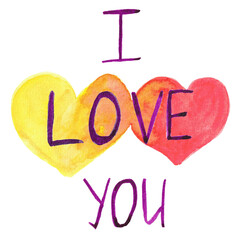  "I love you" on a background of watercolour hearts. valentine's day card. watercolour illustration. 