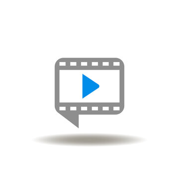 Vector illustration of cinema tape or film strip as speech bubble with play button. Symbol of motion picture. Icon of movie web service. Sign of avi, mov, mkv, mpeg4 format.