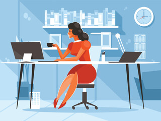 Woman at the desk is drinking coffee. Businesswoman in the workplace. Vector graphics