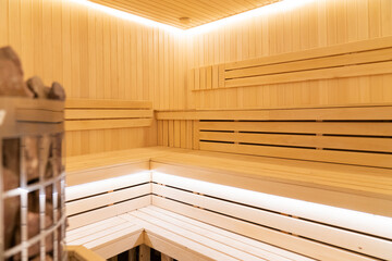 Fototapeta na wymiar Sauna close-up. The interior of a wooden sauna.