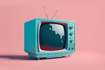 Blue old tv on pink background retro vintage
