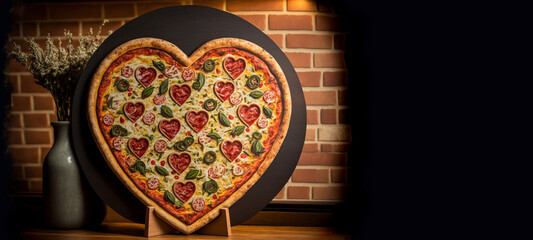 heart shaped pizza banner, romantic pizza for valentine's day restaurant menu advertising, created with generative AI