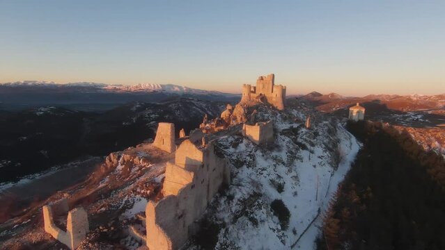 Snow in the castle of Rocca Calascio, Italy 