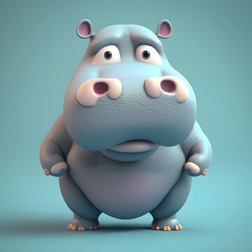 Cute Cartoon Hippo Character 3D Rendered