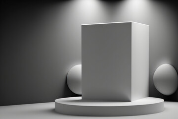 Mockup of a grey toned abstract stage or podium with space for your product presentation on a background of a blank wall that is lighted. Generative AI