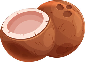 Cartoon juicy coconut, two coconuts whole and half on transparent background