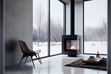 Minimal Contemporary interior with a modern fireplace by a window showing a snowy landscape, generative AI
