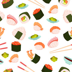 Seamless pattern Set for sushi. Different types of sushi and rolls. Traditional Japanese roll, with tobiko caviar, original with Philadelphia cheese and soy sauce, salmon and king prawns.