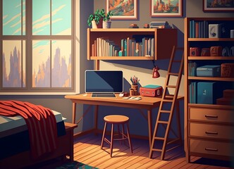 cartoon illustration, student room with bunk bed, desk, laptop and AI generative