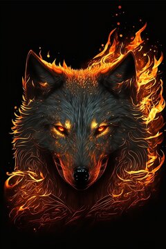 The Wolf In The Fire. Digital Painting On A Black Background. Free