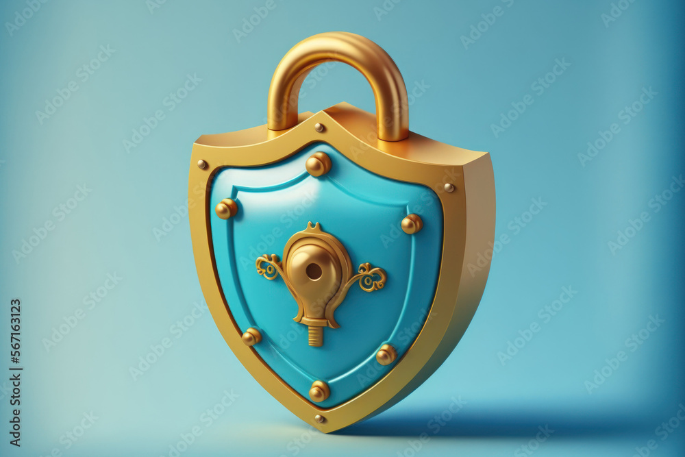 Poster lock with key and shield of protection. internet and networking idea for cyber security. shield like