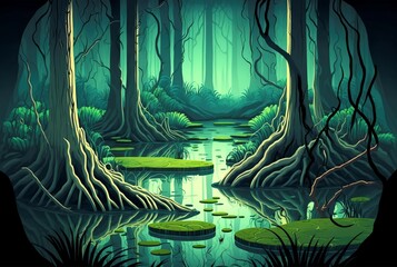 cartoon illustration, swamp with green water in deep nature, generative AI